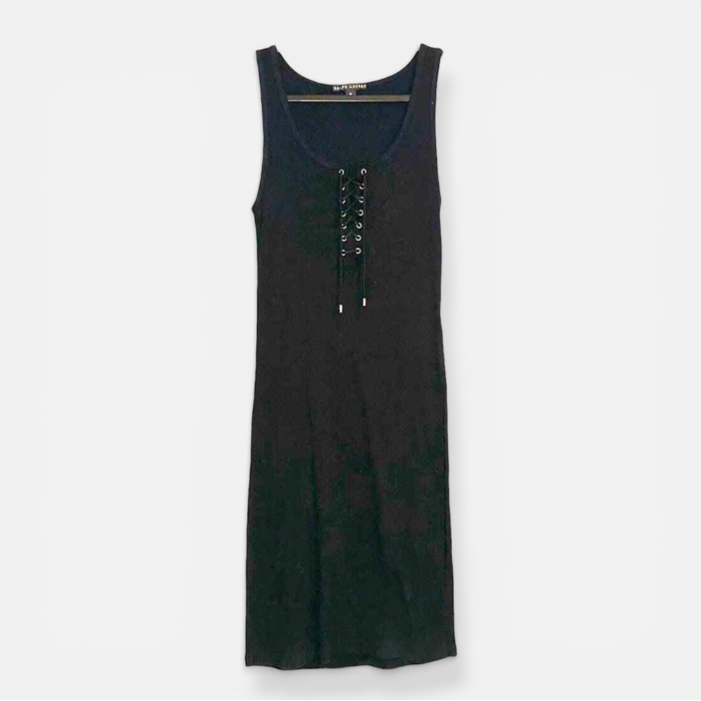 Black Ribbed Midi Dress Lace Up Front Sleeveless Fitted Minimalist